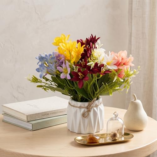 Image of Dekorly Artificial Lavender Plant in White Pot, 18cm - Realistic Faux Flower Arrangement for Home & Office Decor (Set of 1) (1, Multi Colour Lily Flower)