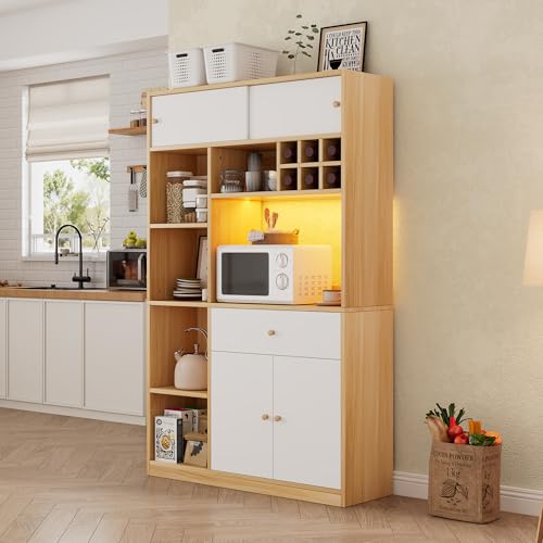 BNUZ Mueble de cocina, 115×35×180cm Blanco+Natural Buffet, con un cajón, TRES puertas y estantes para guardar cubiertos, gran espacio para microondas - imagen 3