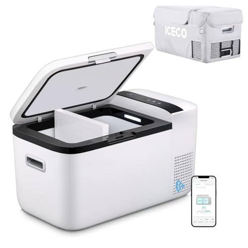 ICECO GO20 12 Volt Refrigerator with Bluetooth Controlled, 21 Quart Dual Zone Portable Refrigerator, Car fridge Powered by SECOP, 0??50?, 12V-24V DC, 110V-240V AC, For Travel, Car Use, With Cover