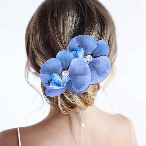 Yheahin 2pcs Flower Hair Clips Boho Orchid Hair Clips Artificial Phalaenopsis Hair Barrettes Bridal Hawaiian Beach Party Hair Accessories for Women (Dark blue)