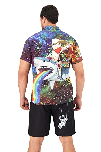 Goodstoworld Hawaiian Mens Captain Cat Shirts Shark Rainbow Summer Crazy Printed Party Holiday Guys Top Short Sleeve Dress Shirt Purple Galaxy Cute Blouses #TOP3