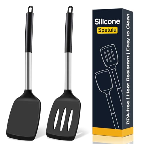 2 Pack Silicone Spatula Set, Solid & Slotted Turner for Non-Stick Pans, High Heat Resistant Silicone...