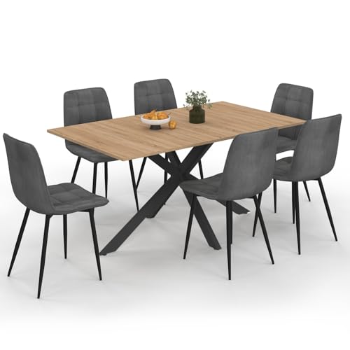 IDMarket - Ensemble Table à Manger Rectangle Alix 160 cm Bois et Noir et 6 chaises Mila en Velours Gris foncé