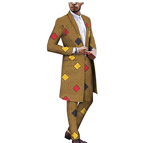 African Men Clothing One Button Slim Fit Suit Print Long Jacket Coats+Pants Set Dashiki Outfit