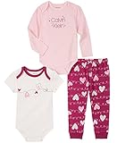 Calvin Klein Baby Girls' 3 Pieces Bodysuit Pants Set, Raspberry/Pearl Grey/Print, 12M