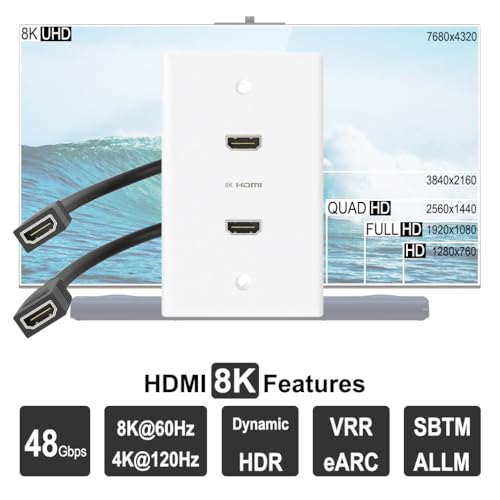 Placa de pared HDMI 8K de 2 puertos para solucionar enredos de cables 8