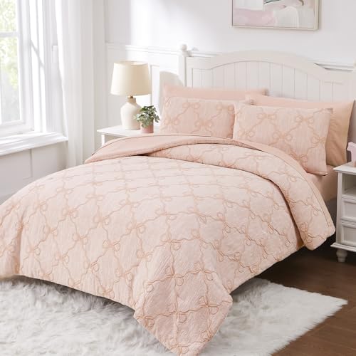 Image of Queen Comforter Set with Sheets for Girls-7 Pieces Bow Bed in A Bag | Soft Jacquard Queen Size Bedding Sets with Blush Comforter, Pillowcases & Shams, 90 inch X 90 inch
