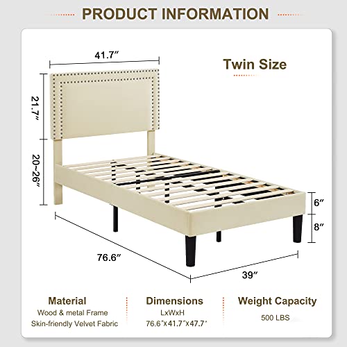 Vecelo Twin Size Platform Bed Frame With Height Adjustable Upholstered Headboard, Modern Mattress Foundation,Strong Wood Slat Support, No Box Spring Needed, Easy Assembly #TOP1