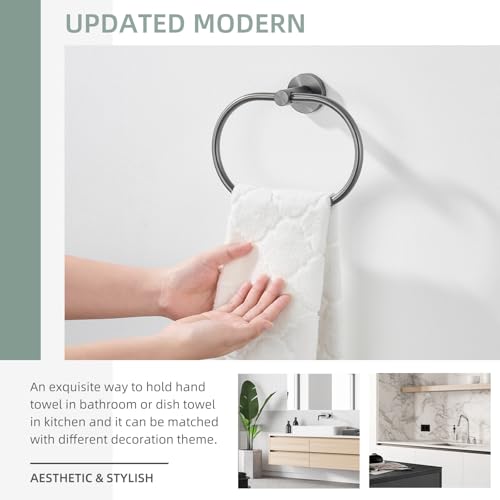Image of Angle Simple Swivel Towel Ring for Bathroom, SUS304 Stainless Steel Oval Hand Towel Ring Rack for Wall, Gunmetal Gray