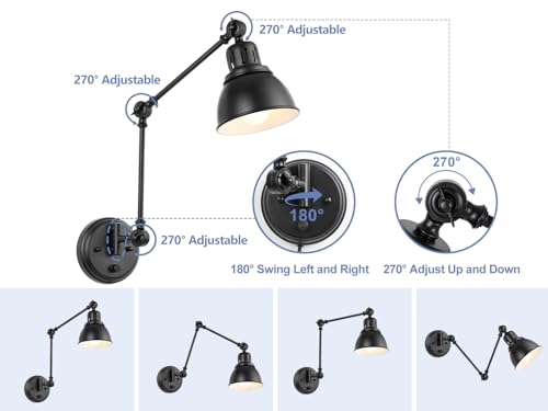 Image of GOODATE 2 Pack Plug in Wall Sconces with Remote, Dimmable, Adjustable Colors, Swing Arm Wall Lamps, Wall Sconces Set of Two with Timer & Night Light, Plug-in or Hardwired (Black, with Bulbs+Remote)