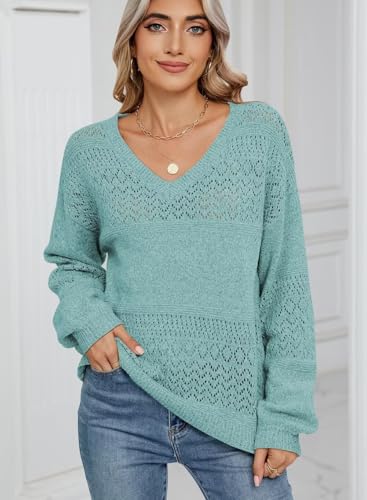 Image of JOCAFIYE Sweaters for Women Casual Long Sleeve V Neck Lightweight Hollow Out Pullover Sweater Tops