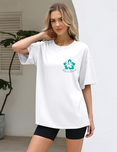 LOMON Graphic Tees Women Oversized T-Shirts Summer Hawaiian Beach Tops Shirts Tropical Beachy Short Sleeve Basic Tee (White-Beach Ocean,3XL) by LOMON - Used condition - Image 4