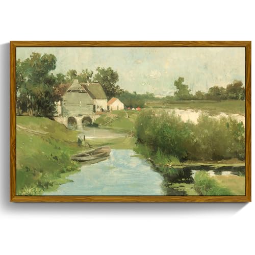 crmotu Vintage Framed Wall Art, Countryside Landscape Canvas Painting, River Cottage Green Scenery Art Prints, Bridge Boat Nature Rustic Farmhouse Wall Decor Living Room Bedroom Pictures 20x30in