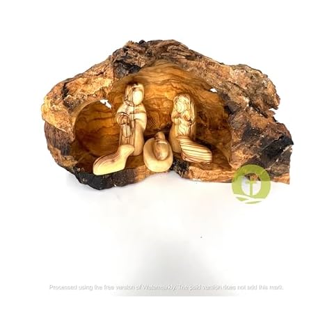 Holy Land Nativity Scene, Olive Wood Nativity Carved inside an olive tree Branch, Nativity Christmas Decorations, Holy Family Nativity Set, Wooden Manger Scene (Figurines and Cave)… Cover