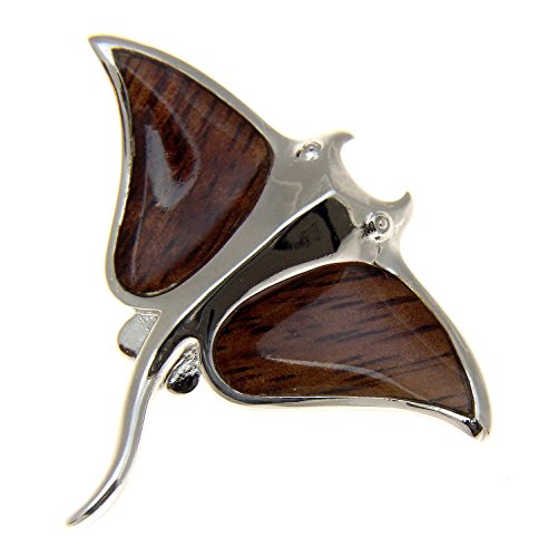 Arthur's Jewelry Koa Wood Hawaiian Manta Ray Fish Rhodium Plated Brass Slide Pendant #TOP1