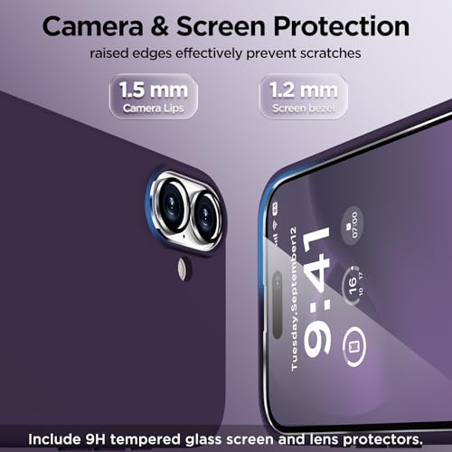 Image of Magnetic for iPhone 16 Case, Compatible with Magsafe, Suction Cup Phone Mount, [2 Screen Protectors][Camera Lens Protector] Silicone Shockproof Protective Slim Phone Cover 6.1 inch, Deep Purple