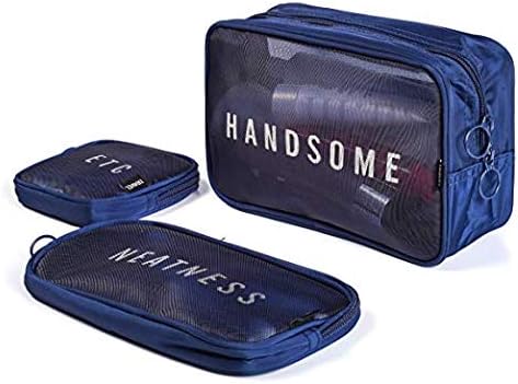 Mesh Cosmetic Bags Set 3 Pieces See Through Make Up Pouch Bag Clear Toiletries Organizer (Navy)