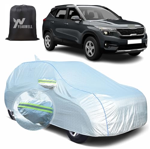 Image of Car Body Cover for Kia Seltos, 100% Waterproof, Heat-Resistant with Mirror & Antenna Pockets, Soft Cotton Lining, Triple Stitched, Piping & Reflector (Reflective Silver)