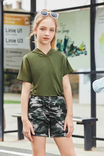 Image of Girls Summer Outfits Kids Hooded-Shirts and Elastic Waist Shorts Sets | short sleeve drop shoulder hooded shirt and shorts with two pockets tie dye leopard letter