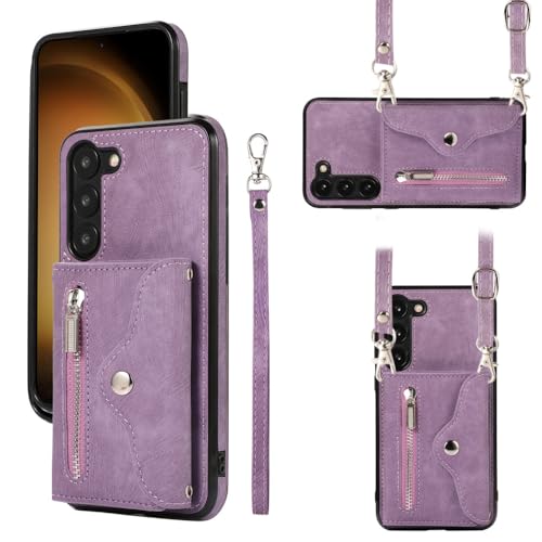 Étui à bandoulière Samsung Galaxy S21 FE coque cordon porte-cartes cuir violet