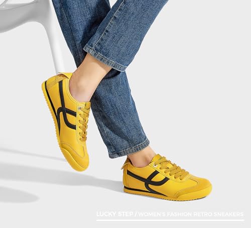 LUCKY STEP Damskie retro modne trampki cienka podeszwa codzienne chodzenie lekkie tenisówki do biegania na siłowni trening klasyczne wygodne buty sportowe, ŻÓŁTY, 36 EU