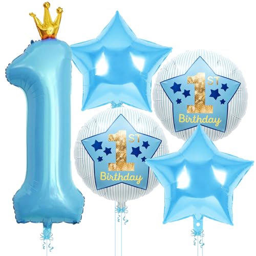 Image of 1st Birthday Foil Balloon Set Blue Number 1 Crown Balloon with Star and Round 1st Birthday Balloons for Baby Boy First Birthday Party Decoration - Pack of 5