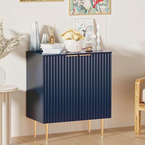 Image of Floated Panel Wooden Sideboard Cabinet | 2 Door Storage Unit with Metal Legs | Premium HDMR Wood Console Cabinet for Living Room, Kitchen & Dining | DIY Leg Assembly | Blue