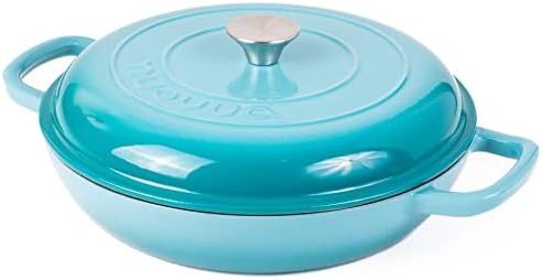 Shallow Cast Iron Casserole with Lid – Non Stick Dutch Oven Pot, Oven Safe up to 500° F – Sturdy Ovenproof Stockpot Cookware – Enamelled Cooking Pot – Blue, 3.7-Quart, 30cm – by Nuovva