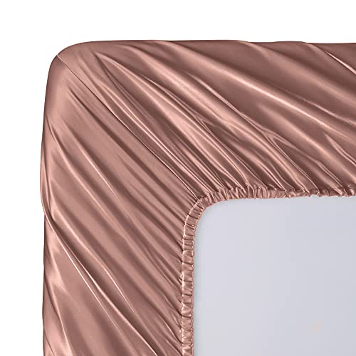 Image of SiinvdaBZX 3-Piece Set Satin Twin Fitted Sheet & 2 Pillowcase, Champagne Silky Soft Fitted Bottom Sheet, Wrinkle Free, Fade Resistant, Deep Pocket Bed Sheet (Deep Up to 15 inch)