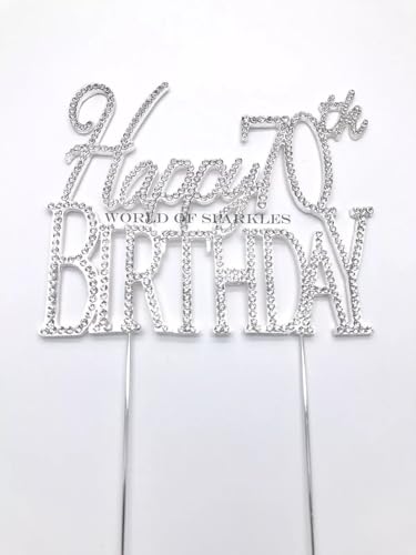 World of Sparkles Cake Toppers with Clear Diamante Rhinestones Diamonds and Silver Base for Adults Party, Happy 70th Birthday - 11cm Long, 1pc