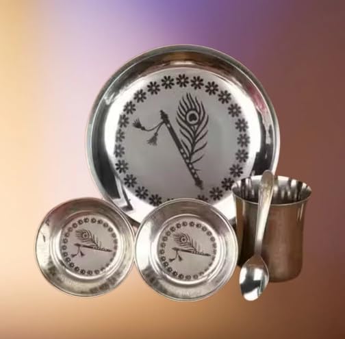 Image of Stainless Steel Laddu Gopal Bhog Thali Set of 5 - for Pooja | Hindu Puja Prasad Plate | Durable Silver Finish | Ideal for Home Temple & Festive Use | Krishna Flute & Peacock Design