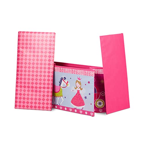 Relaxdays Sitzbox Kinder, Faltbare Aufbewahrungsbox mit Stauraum, Deckel, Prinzessin & Fee, 50 Liter, platzsparend, pink