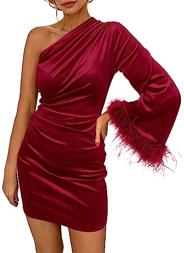 PRETTYGARDEN Women's Fall Long Sleeve Velvet Dress One Shoulder Mini Bodycon Wedding Guest Party Dresses (Dark Red,X-Large)