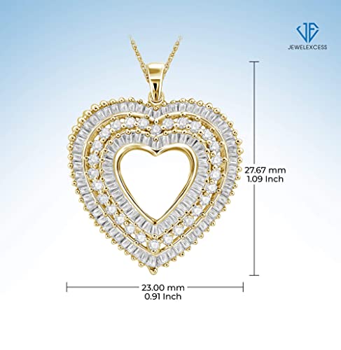 Jewelexcess Sterling Silver (.925) Or 14K Gold Over Silver Heart Necklace With 1.00 Carat White Diamonds | Jewelry For Women With Round & Baguette White Diamonds & 18 Inch Rope Chain With Spring Clasp #TOP4
