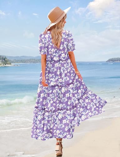 Image of YESNO Summer Casual Bohemian Floral Dresses for Women Puff Short Sleeve Long Maxi Dress with Pockets ETX