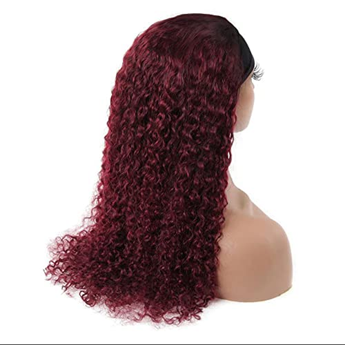 Lorauroga 1B99J Red Headband Wigs Human Hair Ombre Burgundy Kinky Curly Wave Headband Wigs Two Tone Human Hair 130% Density None Lace Front Wigs Wine Red Color Wigs For Black Women 12 Inch #TOP5