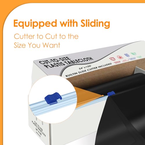 Image of tujol Black Disposable Plastic Table Cloth Roll 54 inch X 100', Plastic Table Cover with Cutter Box, Cut to Size Disposable Tablecloth for Parties