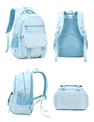 JiaYou Girls Primary School Backpack Sets 3Pcs Daypack Flower Pattern Elementary Bookbag with Lunch Bag Pencil Case(Blue,18 Liters)3