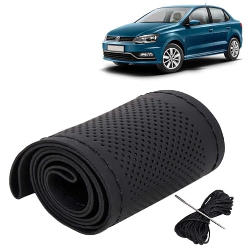 Image of KINGSWAY PU Leatherite Car Steering Cover Sewable Compatible with Volkswagen Ameo (Year 2016 Onwards), Black Color with Black Thread, Pack of 1 with Sewing Needle and Thread