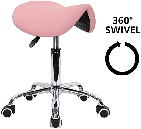 KKTONER Rolling Saddle Stool PU Leather Swivel Adjustable Rolling Stool with Wheels Salon Chair (Pink)