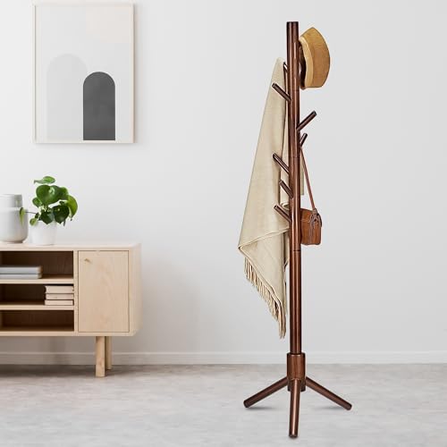 image for Azaeahom Wooden Coat Rack Stand, Free Standing Coat Rack with 8 Hooks 