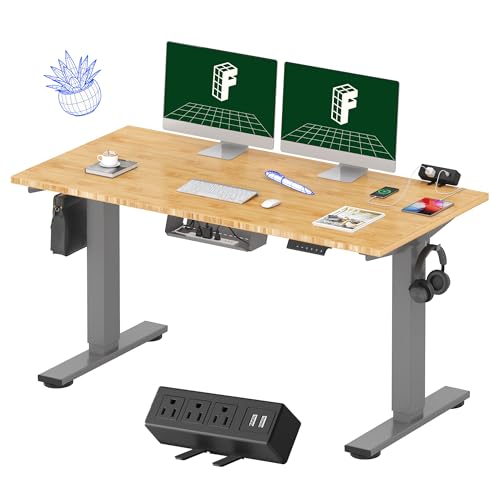 Image of FLEXISPOT EN2 Bamboo Standing Desk with Clamp Power Strip, 55 x 28 Electric Stand Up Height Adjustable Desk with Cable Management (Grey Frame + 55 inch Bamboo Top, 2 Packages)