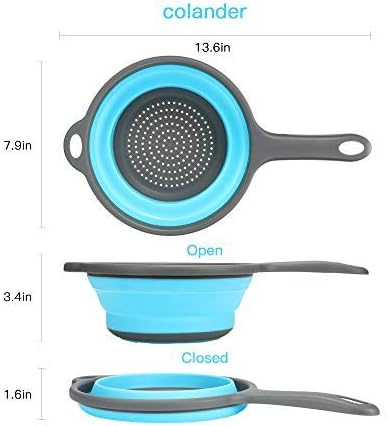 Kitchen Foldable Silicone Strainer, Learja Collapsible Colander with Handle, Food-Grade Silicone kitchen Strainer Space-Saver Folding Strainer Colander, 2 quart (Blue, 1 Pack)
