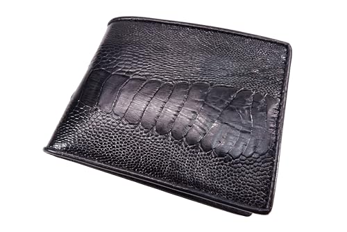 Genuine Ostrich Leg Skin Leather Soft Bifold Men's Wallet ([C13] - 4 Card Slots + 1 ID Window + 2 Compartments for Bills, Black)