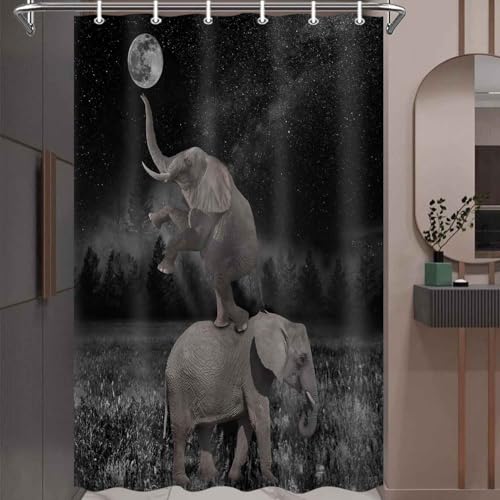 Image of Boziqr Funny Shower Curtains for Bathroom, Cute Elephant Moon Forest Bath Curtain, Rustic Farmhouse Decor Polyester Fabric Fun Cool Animals Black 36 x 70 Inches