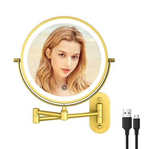Rechargeable Wall Mounted Lighted Makeup Vanity Mirror 8 Inch Double Sided 1X 10X Magnifying Bathroom Mirror, 3 Color Lighting, Touch Screen Dimming, Extended Arm 360 Rotation Light up Mirror Gold