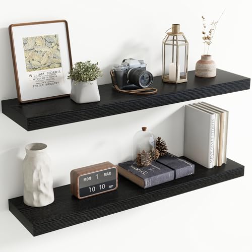 Image of 40 Inch Floating Shelves for Wall, 8 Inch Deep Floating Shelf for Storage & Display, Rustic Wall Mounted Shelf with Invisible Brackets for Living Room, Kitchen, Bathroom, Home Decor, Set of 2, Black