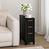 ELYKEN 7.9'' Narrow Fluted Nightstand with 3 Drawers, Wooden Small Side Table, Slim Side End Table for Small Spaces, Modern Night Stand Skinny Bedside Table for Living Room, Bedroom