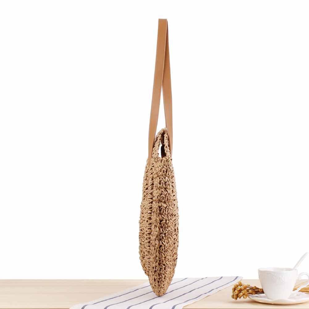 Damen Runde Strohtasche Vintage Handgemachte Umhängetasche Große Kapazität Strandtasche Böhmische Schultertasche Korbtasche mit Reißverschluss Geflochten Tasche für Reisen Urlaub Schwarz