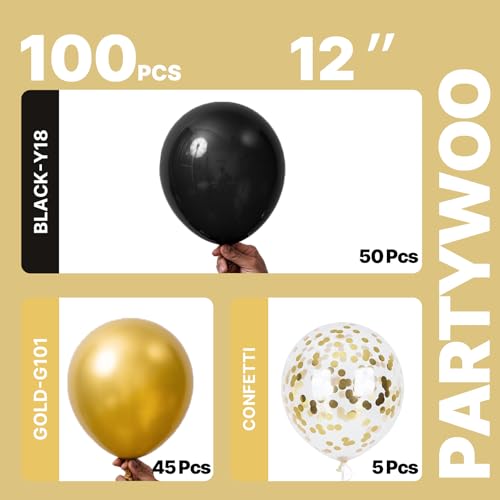 Image of PartyWoo Gold and Black Balloons 100pcs 12 Inch Black and Gold Metallic Balloons for Birthday Wedding Anniversary Graduation Bachelorette Engagement Bridal Shower Retirement Party Decorations